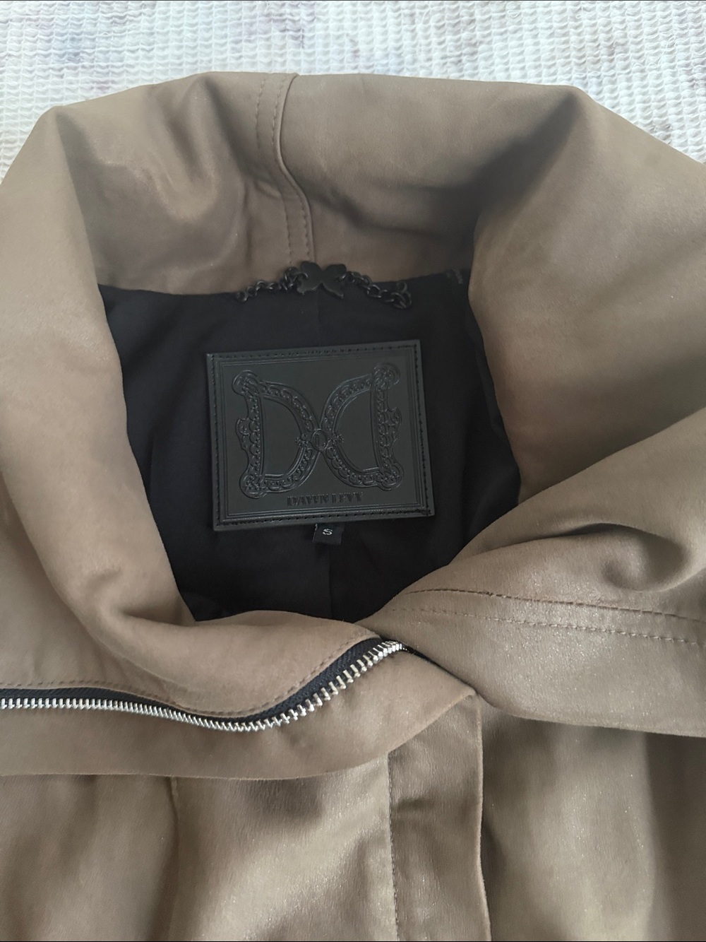 Dawn Levy Taupe Trench Coat with Logo Patch